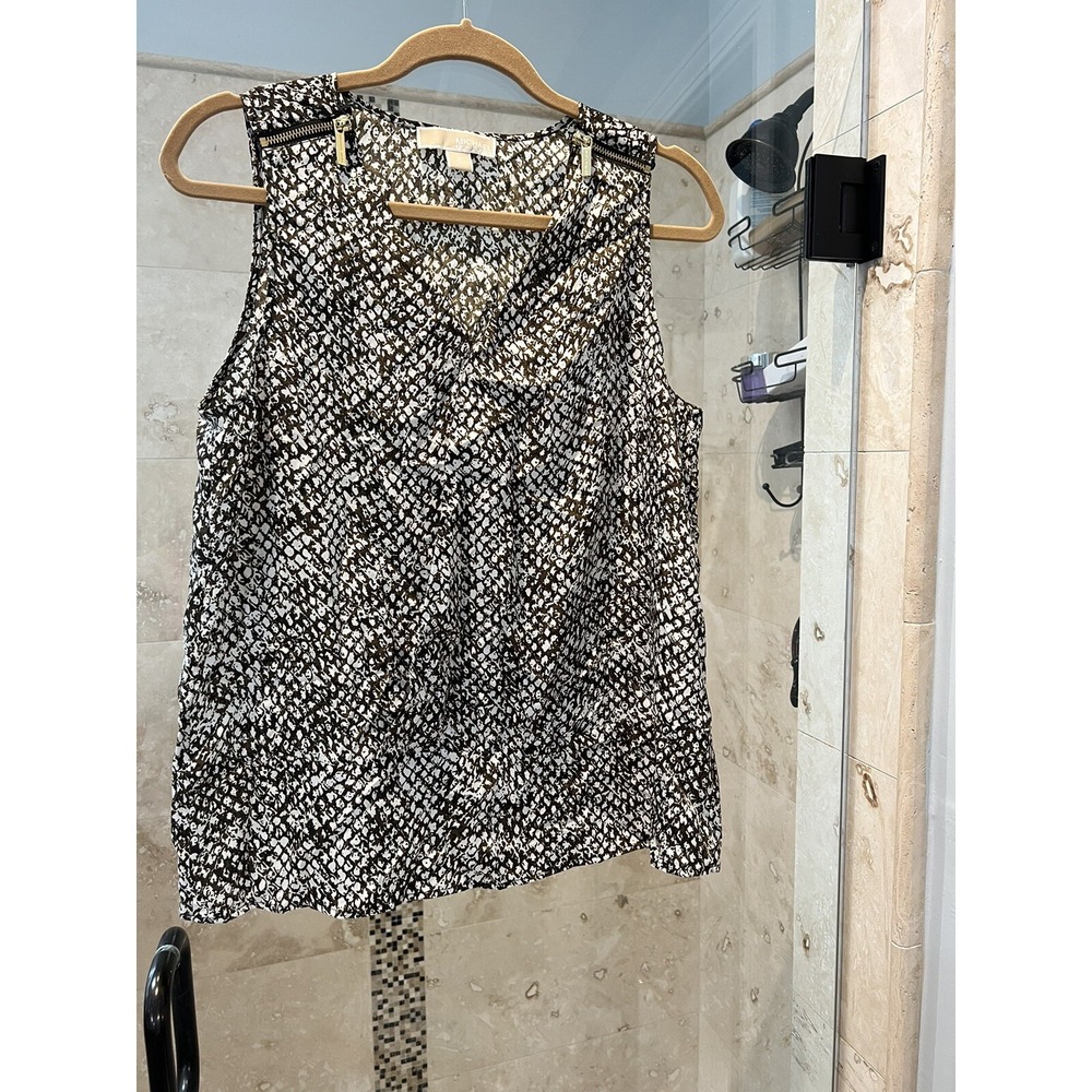 Michael Kors Marion Blouse Tank Mock Wrap Sleeveless Zipper Green Brown M